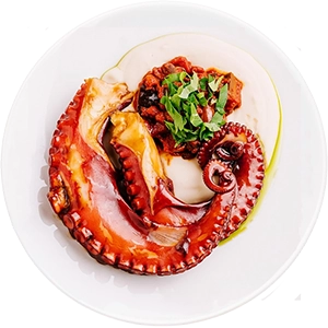 Vista aérea de pulpo a la parrilla con puré de patata.