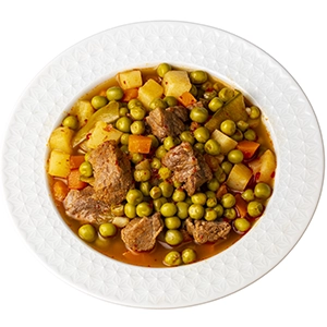 Vista aérea de plato de patatas con carne.